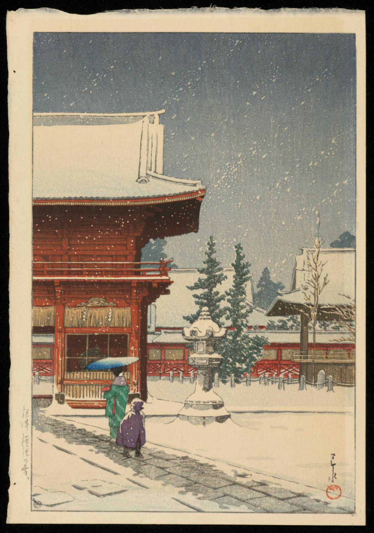 Kawase Hasui — Snow at Nezu Gongen Shrine (1933)
